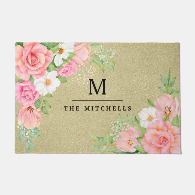 Monogram Watercolor Floral Greenery Pink Rose Doormat (Front)