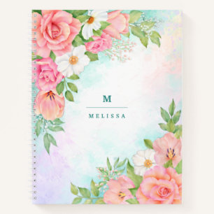 Monogram Watercolor Floral Greenery Pink Rose Notebook