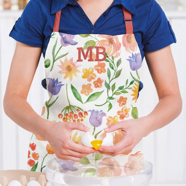 Monogram Watercolor Floral Modern Girly Apron (Creator Uploaded)