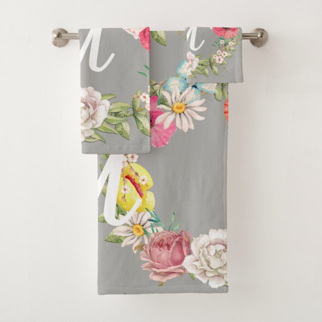 Monogram Watercolor Floral Wreath Bath Towel Set (Insitu)