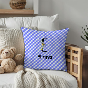 Monogram watercolor flower gingham blue minimalist cushion