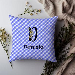 Monogram watercolor flower gingham blue minimalist cushion