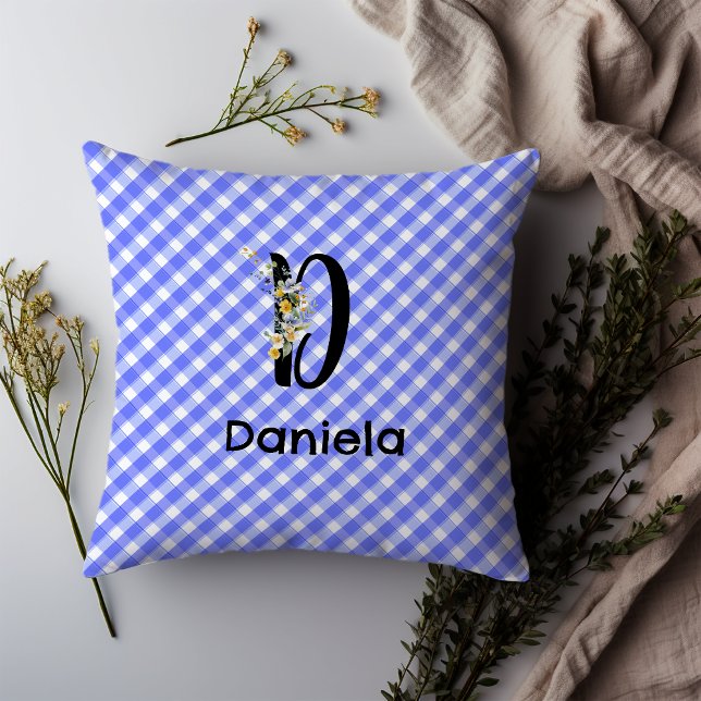 Monogram watercolor flower gingham blue minimalist cushion (Creator Uploaded)