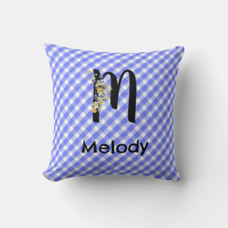 Monogram watercolor flower gingham blue pattern cushion