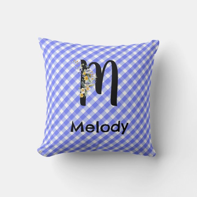 Monogram watercolor flower gingham blue pattern cushion (Front)