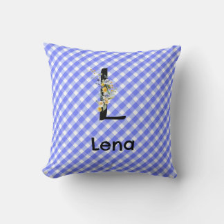 Monogram watercolor flower gingham blue pattern cushion