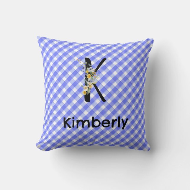 Monogram watercolor flower gingham blue pattern cushion (Front)