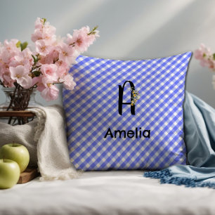 Monogram watercolor flower gingham blue pattern cushion