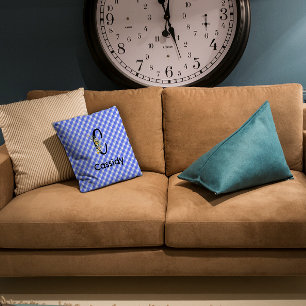 Monogram watercolor flower gingham blue pattern cushion