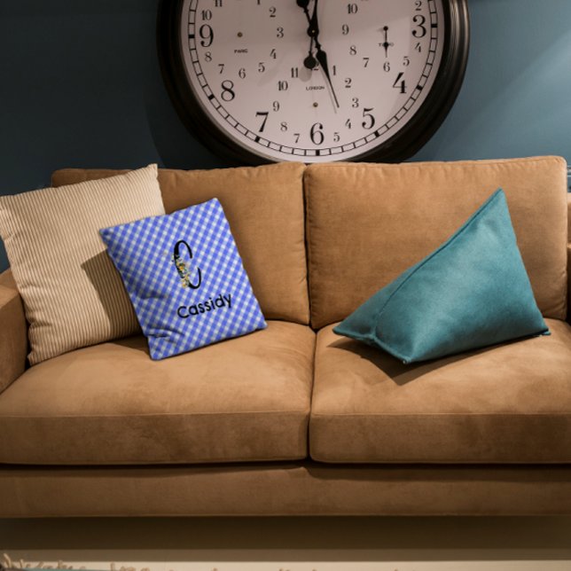 Monogram watercolor flower gingham blue pattern cushion (Creator Uploaded)