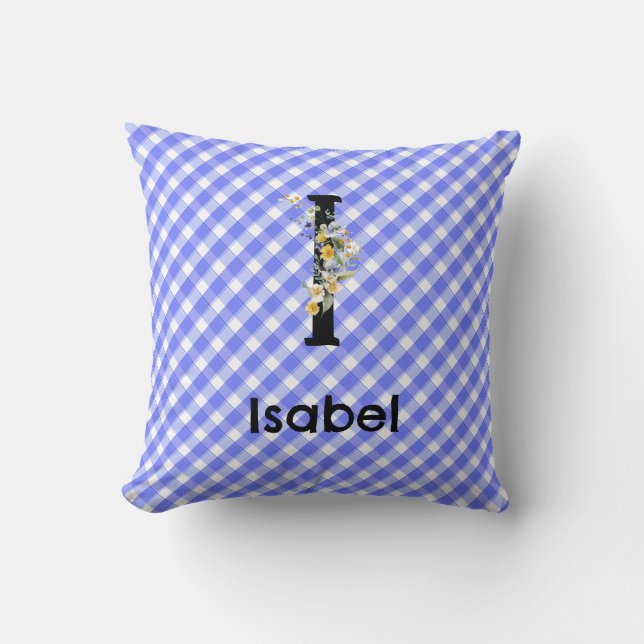Monogram watercolor flower gingham blue pattern cushion (Front)