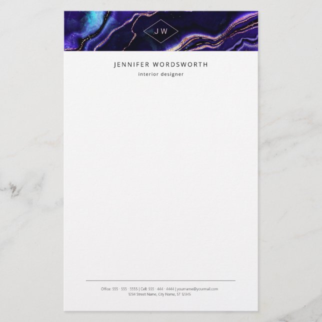 Monogram Watercolor Geode Deep Blue Purple Agate Stationery (Front)