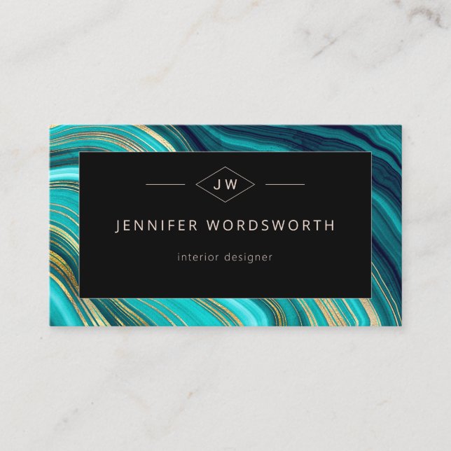 Monogram Watercolor Geode Green Agate Malachite Business Card (Front)