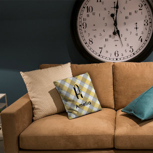 Monogram watercolor  gingham yellow  grey pattern cushion