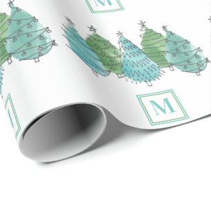 Monogram Watercolor Green Christmas Trees Wrapping Paper