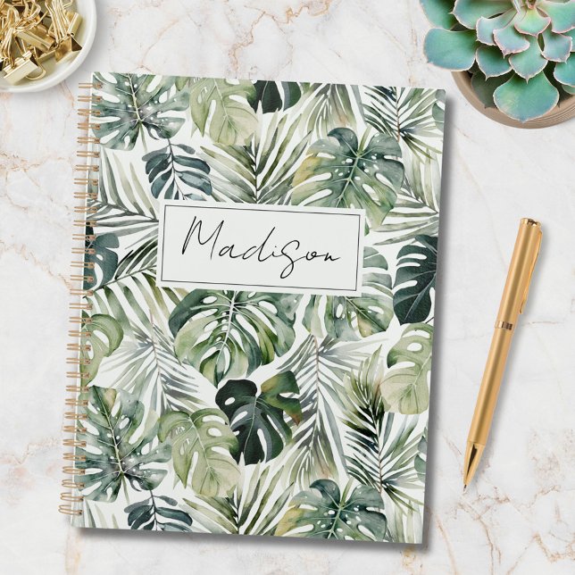 Monogram Watercolor Green Tropical Leaves Pattern Planner (In situ)