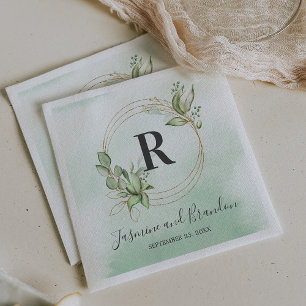 Monogram Watercolor Greenery Gold Wedding Napkin