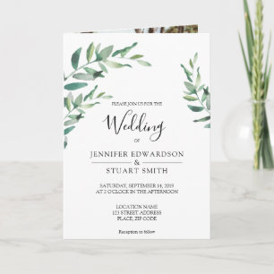 Monogram watercolor leaves photo wedding invitation