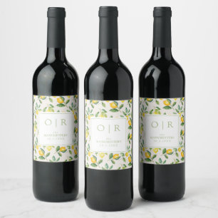 Monogram Watercolor Lemon Wedding Wine Label