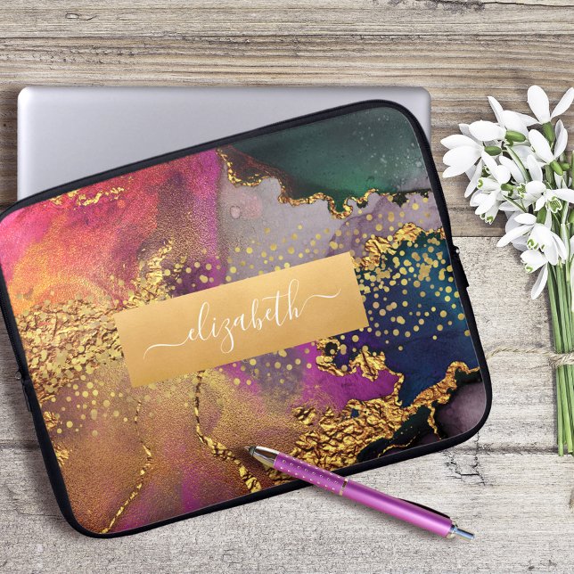 Monogram watercolor marble gold purple blue green laptop sleeve (Creator Uploaded)