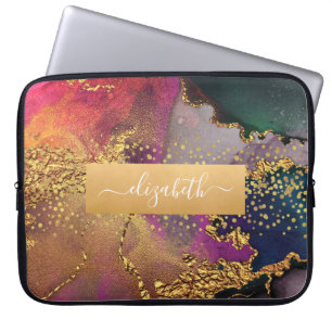 Monogram watercolor marble gold purple blue green laptop sleeve