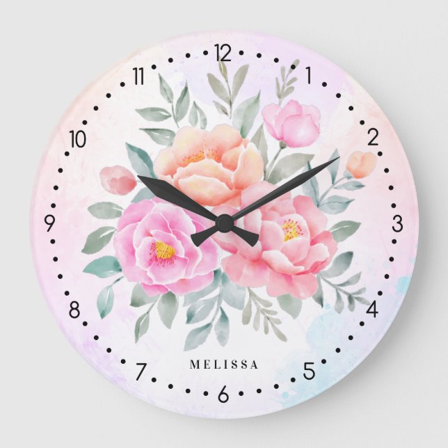 Monogram Watercolor Ombre Pink Roses Peonies Large Clock (Front)