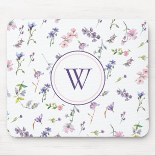 Monogram Watercolor Pastel Floral Mouse Pad