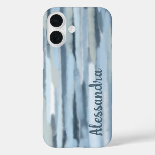 Monogram watercolor pastel stripes blue navy teal iPhone 16 case