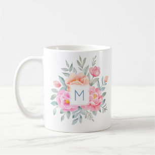 Monogram Watercolor Peonies Roses Pink Bouquet Coffee Mug