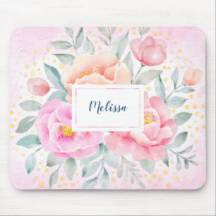Monogram Watercolor Peonies Roses Pink Floral Mouse Pad