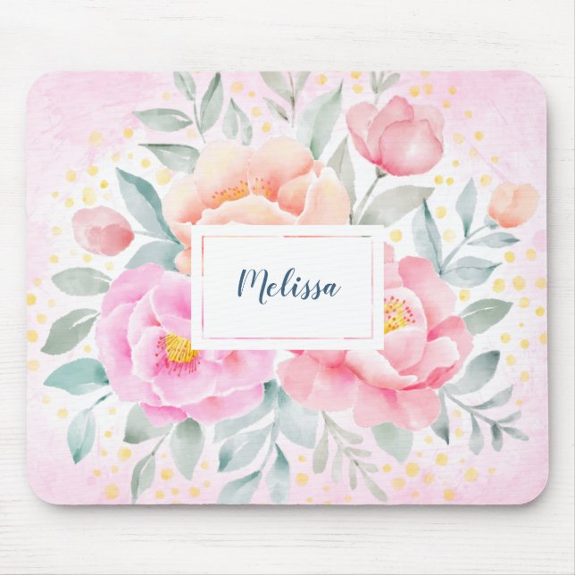 Monogram Watercolor Peonies Roses Pink Floral Mouse Pad (Front)