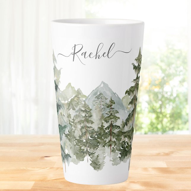 Monogram Watercolor Pine Forest mountain Aesthetic Latte Mug (In situ)
