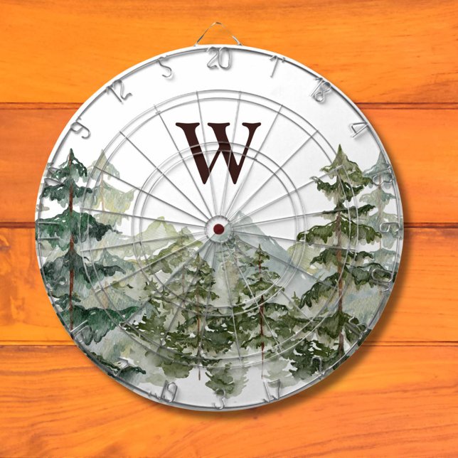 Monogram Watercolor Pine Forest & Mountain Rustic Dartboard (In situ)