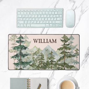 Monogram Watercolor Pine Forest & Mountain Rustic Desk Mat