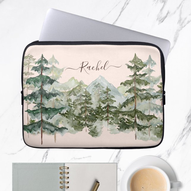 Monogram Watercolor Pine Forest Mountain Rustic Laptop Sleeve (In situ on marble desk)