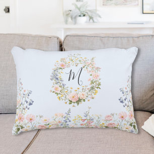 Monogram Watercolor Pink Blue Flowers Floral Decorative Cushion