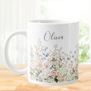Monogram Watercolor Pink Blue Flowers Floral  Large Coffee Mug