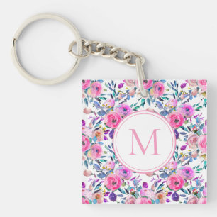 Monogram Watercolor Pink Floral Keychain