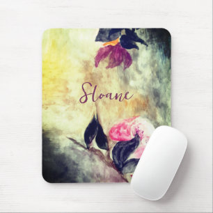 Monogram Watercolor Pink Flowers Black Leaves Mouse Pad
