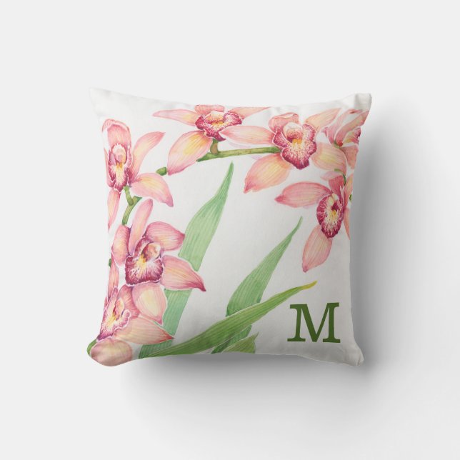 Monogram | Watercolor Pink Flowers Cushion (Front)