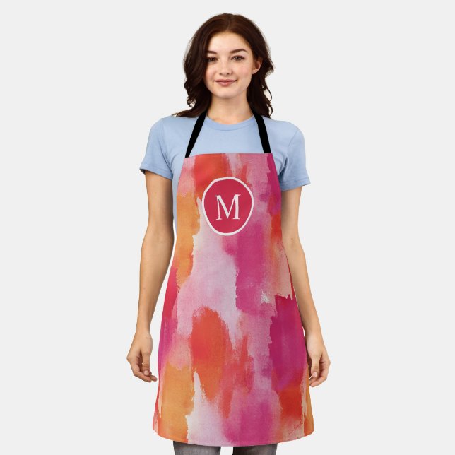 Monogram Watercolor Pink Orange Abstract Apron (Worn)