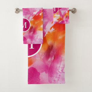 Monogram Watercolor Pink Orange Abstract Bath Towel Set