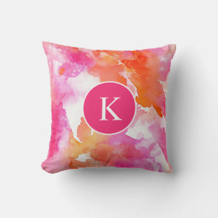 Monogram Watercolor Pink Orange Abstract Cushion