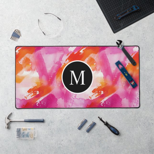 Monogram Watercolor Pink Orange Abstract Desk Mat (Workstation)