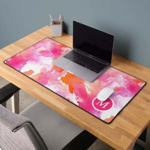 Monogram Watercolor Pink Orange Abstract Desk Mat