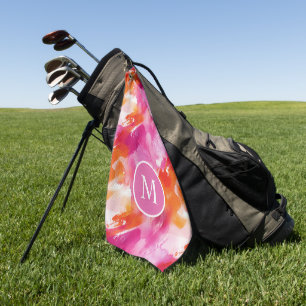 Monogram Watercolor Pink Orange Abstract Golf Towel