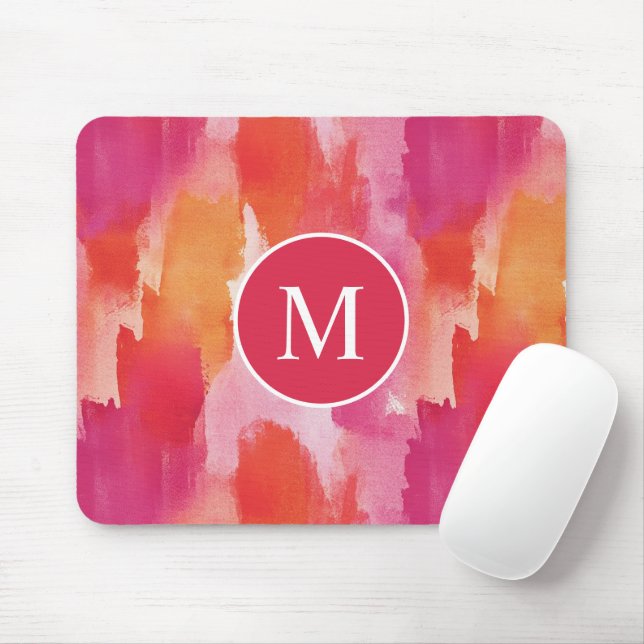 Monogram Watercolor Pink Orange Abstract Mouse Pad (With Mouse)