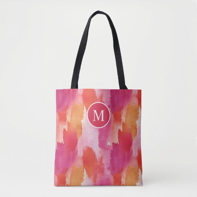 Monogram Watercolor Pink Orange Abstract Tote Bag (Front)