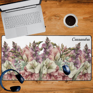 Monogram Watercolor Pink Purple Wildflower Desk Mat