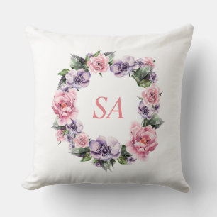 Monogram Watercolor Pink Purple Wreath Floral Cushion